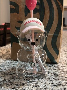 Starbucks Clear Bear Tumbler with Pink Straw and Cream Cap